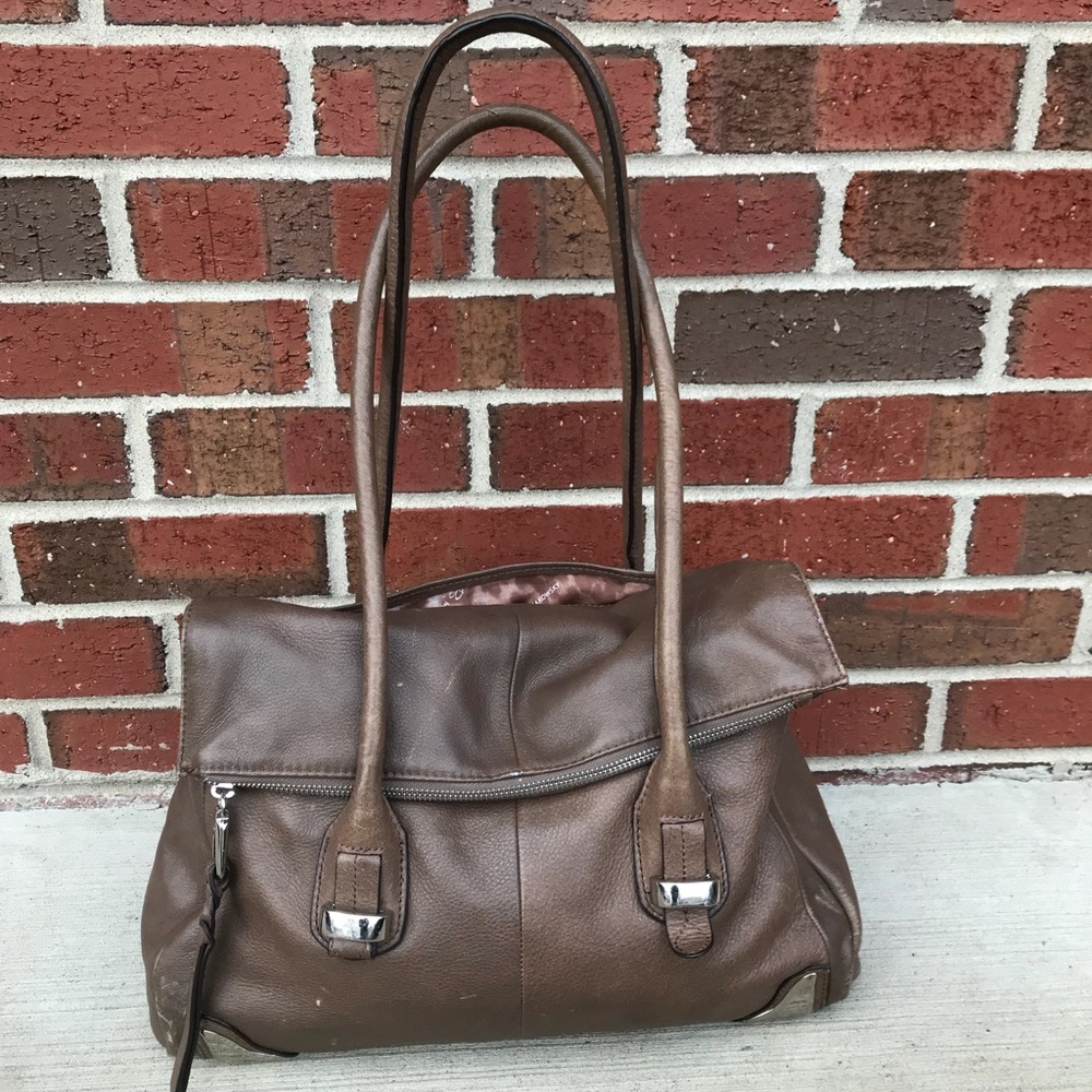 B Makowsky Taupe Gray Leather Shoulder Bag